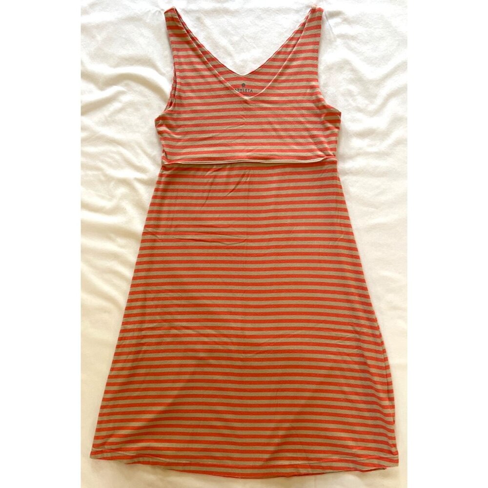 Athleta XS Orange & Beige Striped Sleeveless V-Neck Dress